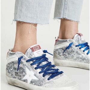 Golden Goose Women's Glitter Sneakers-Silver sequins and metallic Blue laces 41